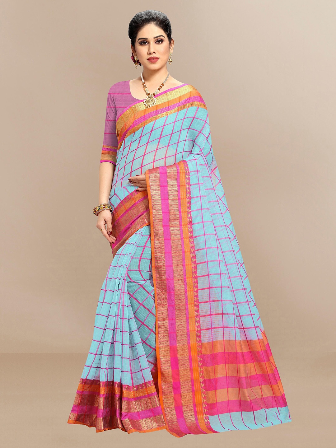 

Sidhidata Checked Zari Silk Cotton Kota Saree, Turquoise blue