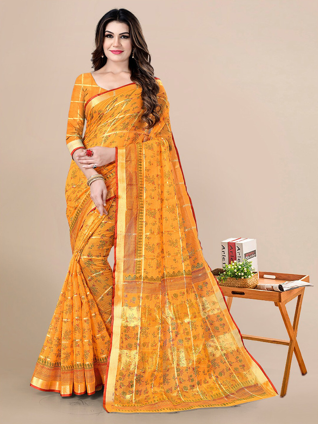 

Sidhidata Floral Print Zari Bordered Kota Saree, Yellow