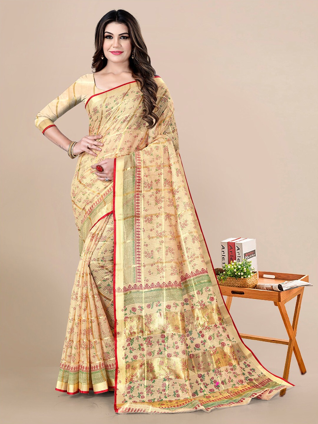 

Sidhidata Floral Zari Silk Cotton Kota Saree, Beige