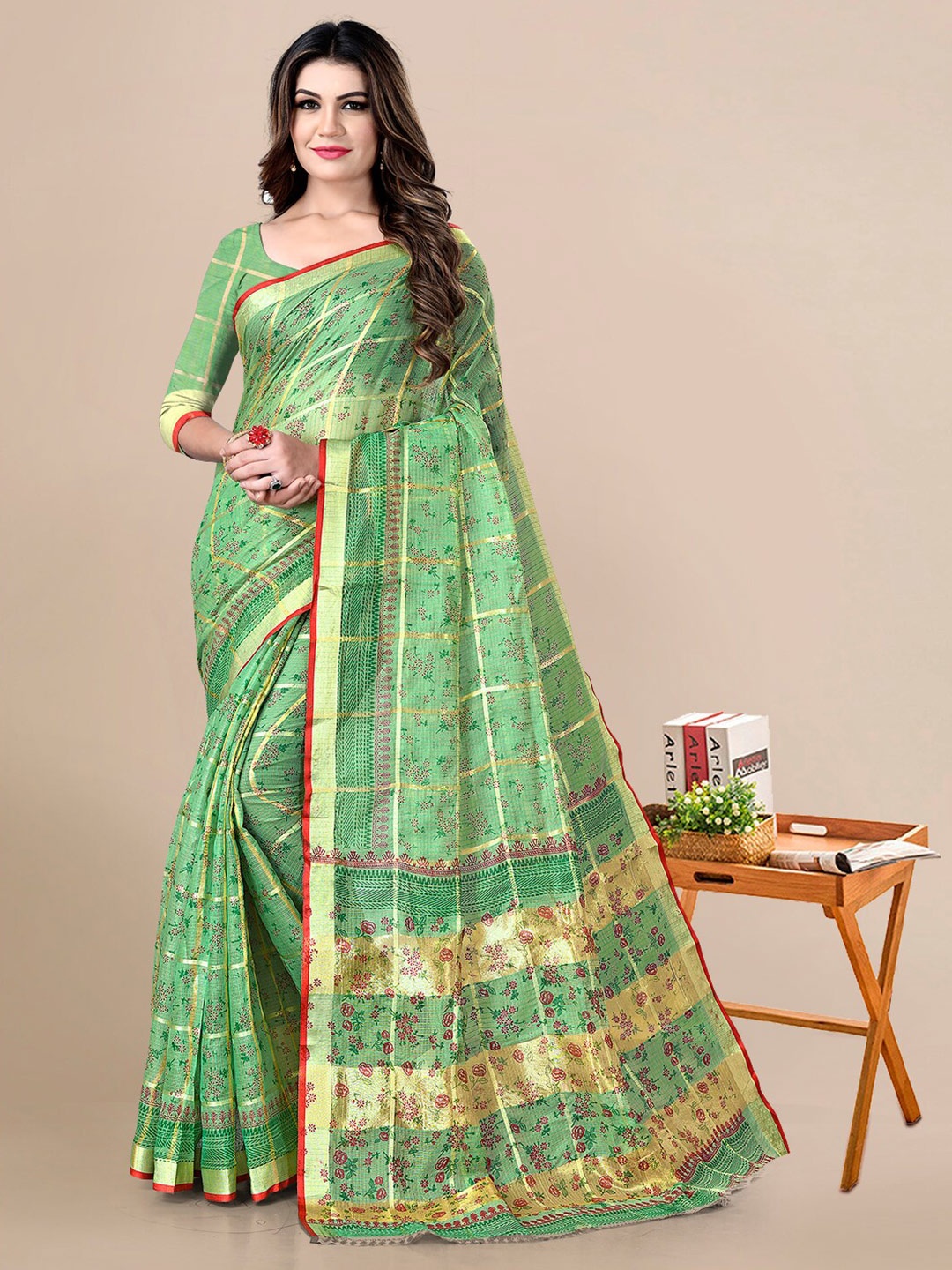 

Sidhidata Floral Zari Silk Cotton Kota Saree, Green