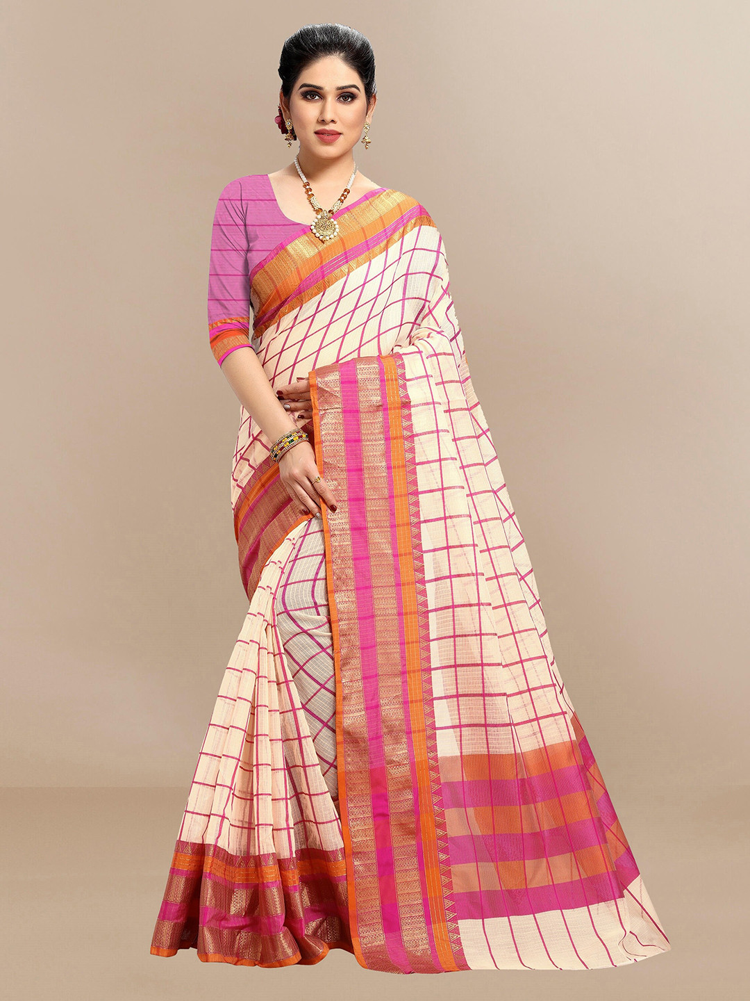 

Sidhidata Checked Silk Cotton Kota Zari Saree, Cream