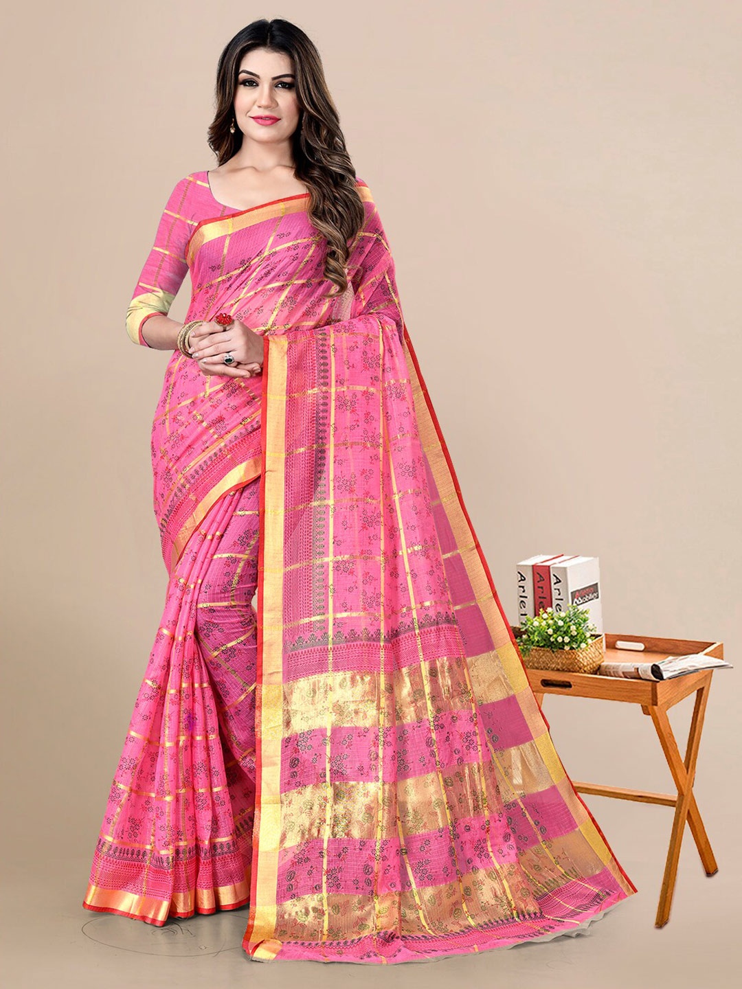 

Sidhidata Floral Zari Silk Cotton Kota Saree, Pink
