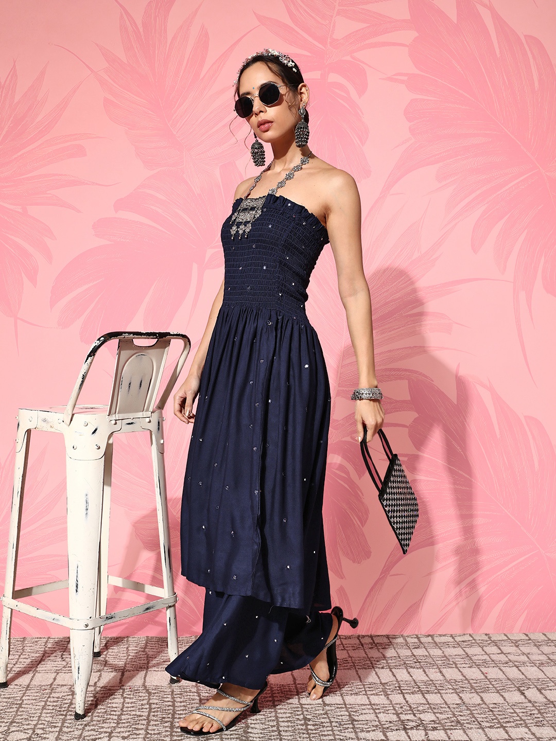 InWeave Navy Blue Embroidered Pleated Mirror Work Kurta With Palazzos