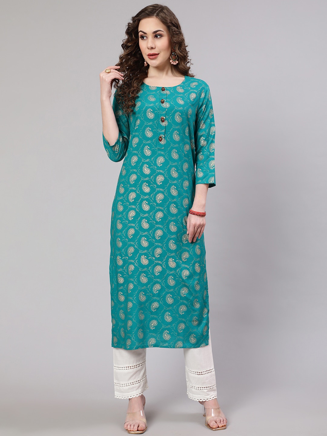 

Nehamta Women Paisley Printed Indie Prints Kurta, Turquoise blue