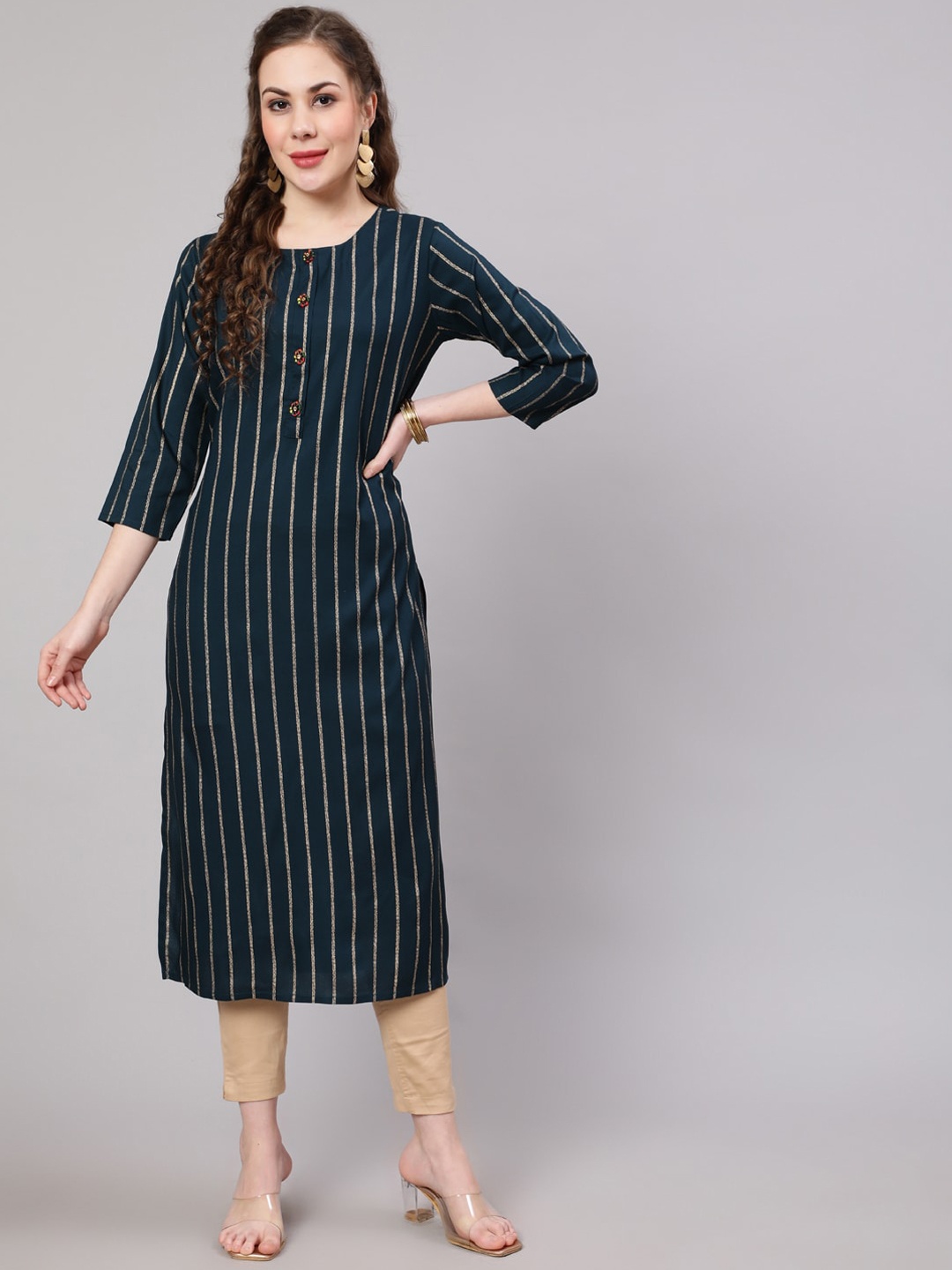

Nehamta Women Striped Straight Kurta, Teal