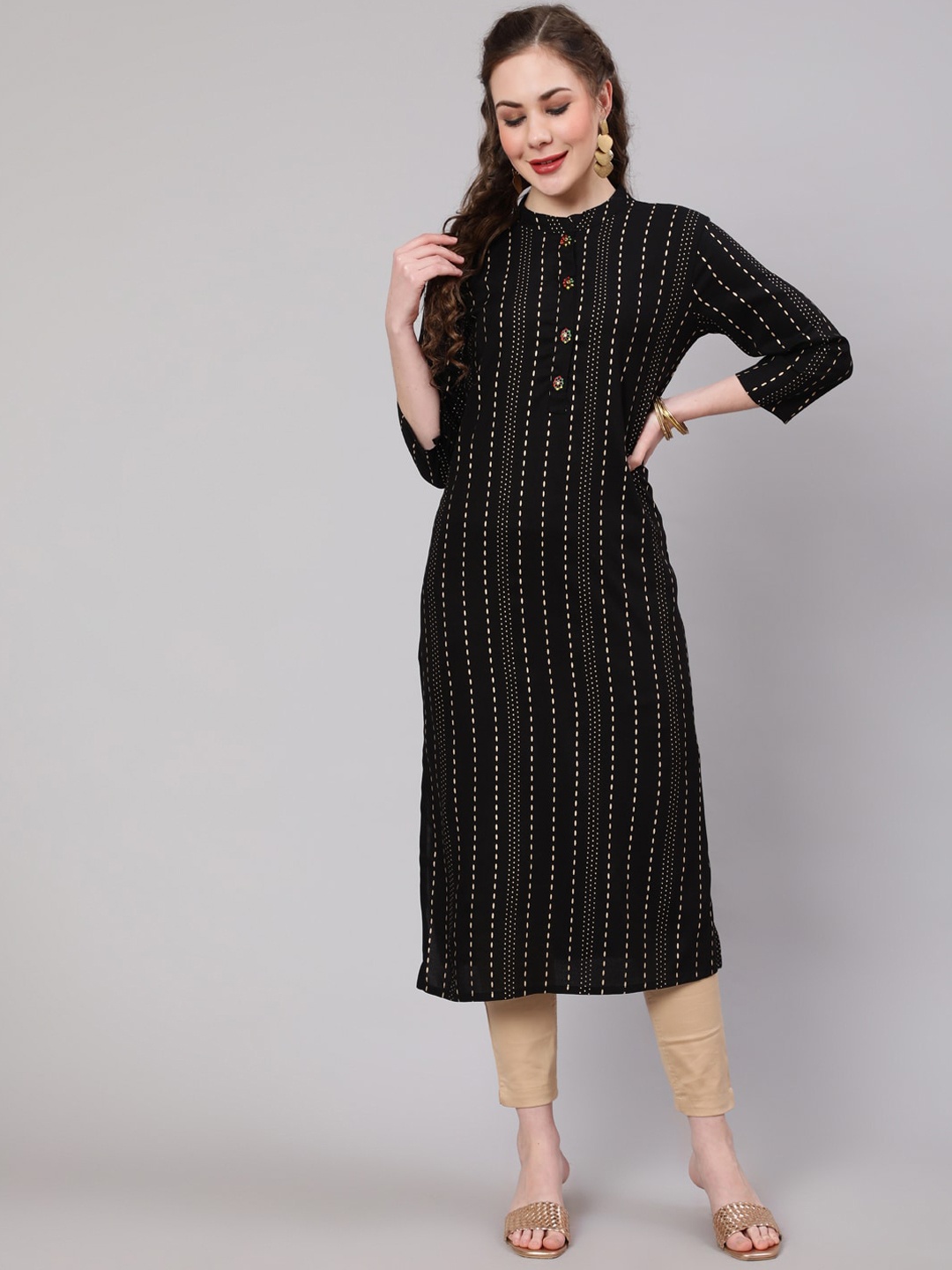 

Nehamta Women Striped Indie Prints Kurta, Black