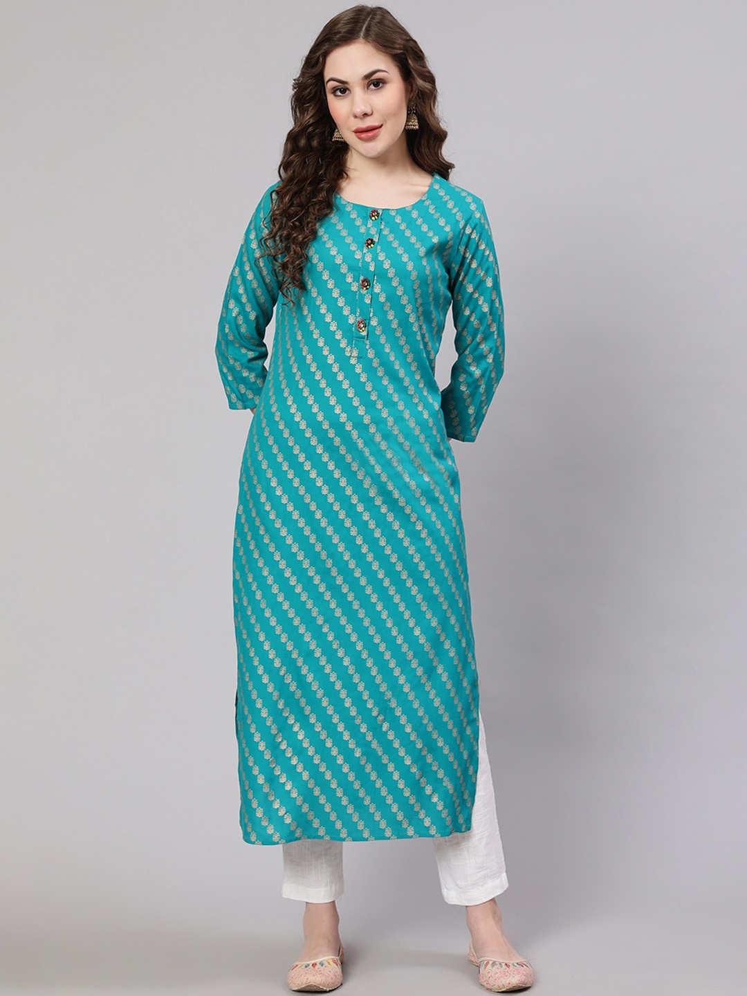 

Nehamta Women Floral Printed Kurta, Turquoise blue