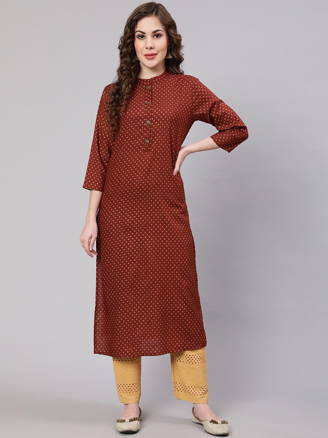 

Nehamta Women Ethnic Motifs Printed Indie Prints Kurta, Brown