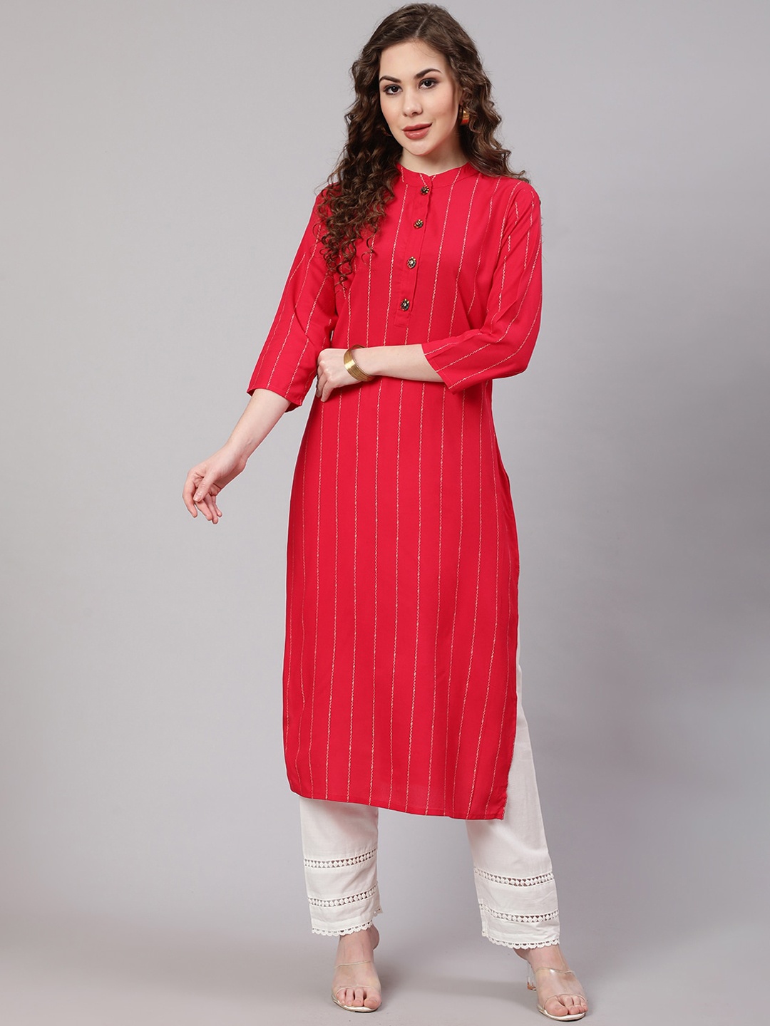 

Nehamta Geometric Printed Band Collar Kurta, Pink