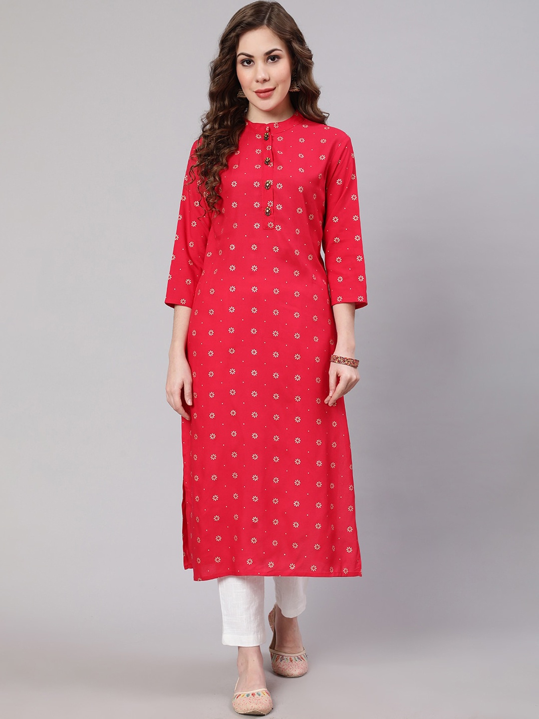 

Nehamta Women Floral Printed Band Collar Kurta, Pink