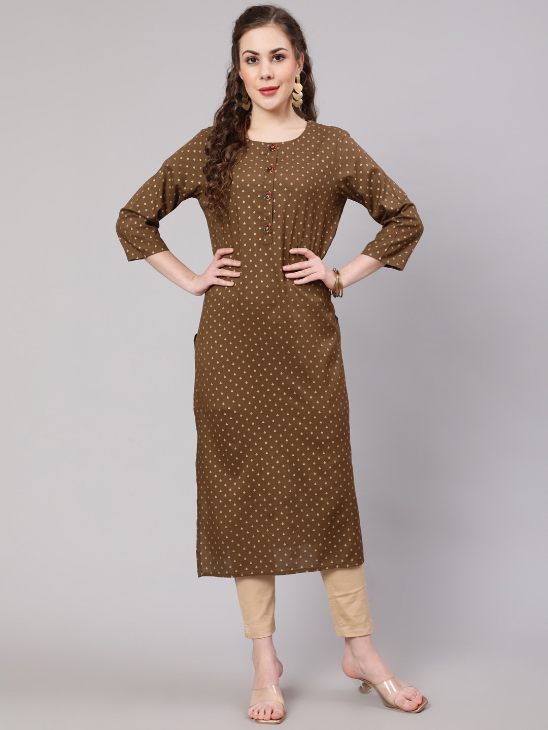 

Nehamta Women Ethnic Motifs Printed Round Neck Kurta, Brown