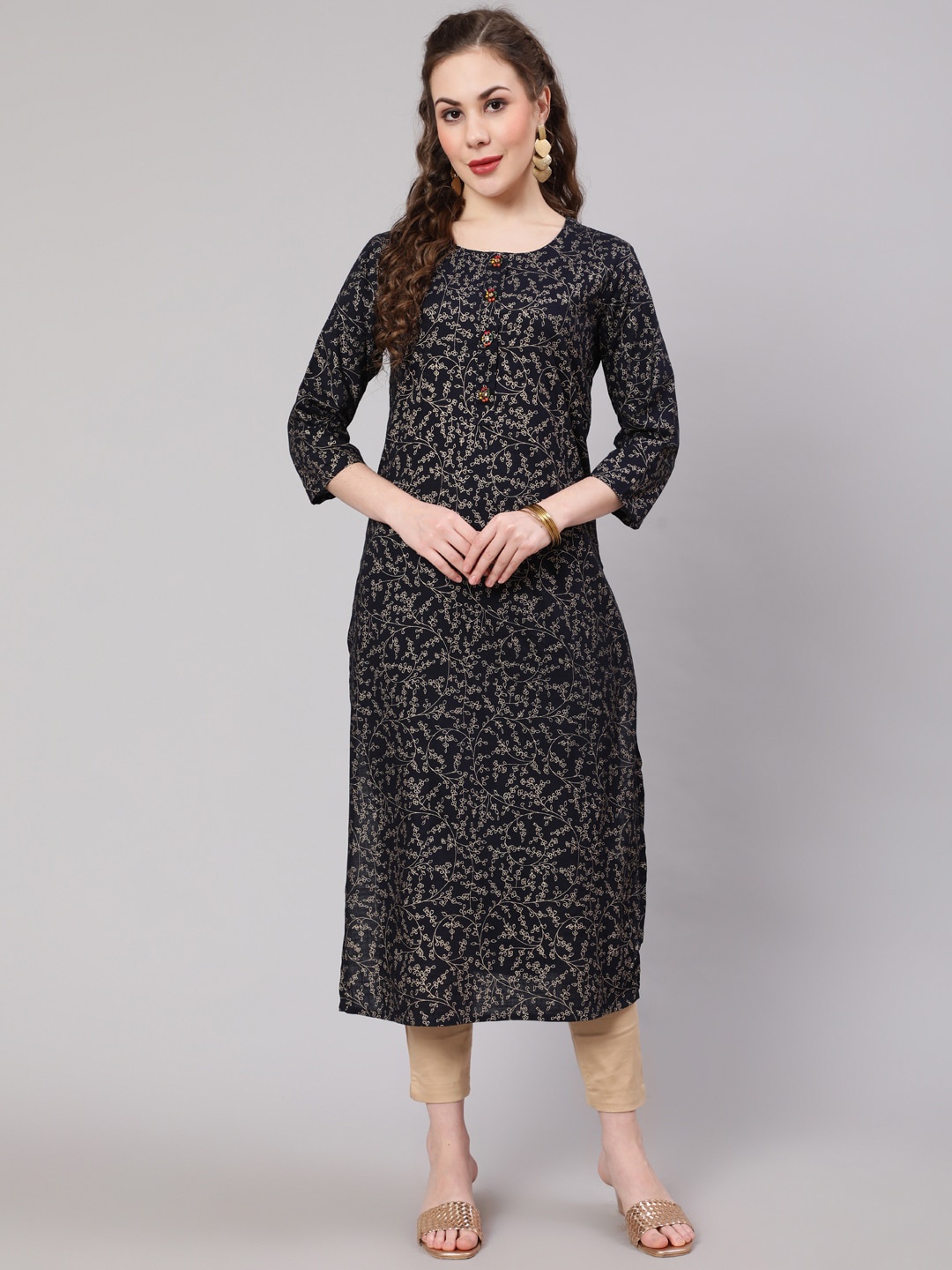 

Nehamta Women Ethnic Motifs Printed Kurta, Navy blue