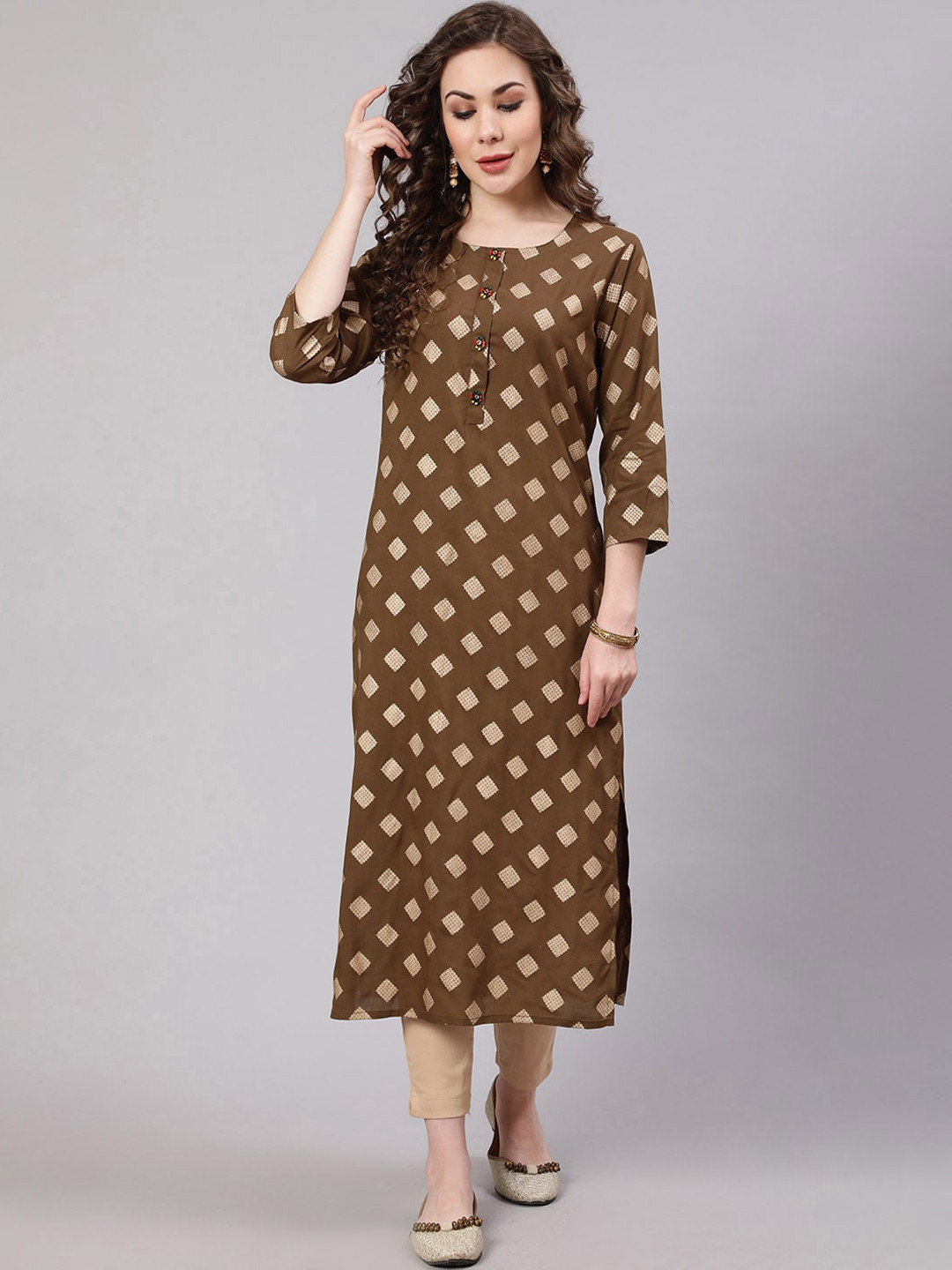 

Nehamta Women Floral Printed Kurta, Brown