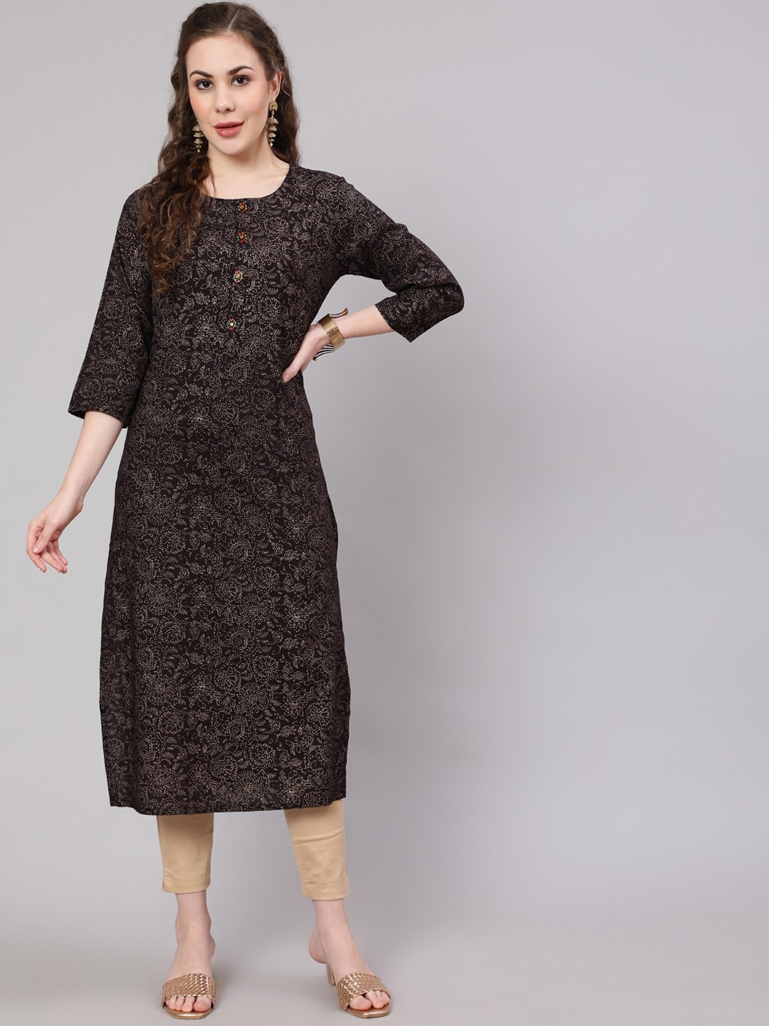 

Nehamta Women Ethnic Motifs Printed Indie Prints Kurta, Black