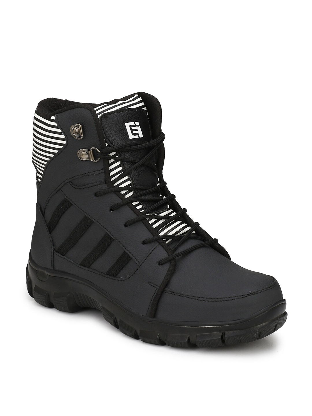 

Eego Italy Men Striped Genuine Leather Steel Toe Safety Sports Boots, Black