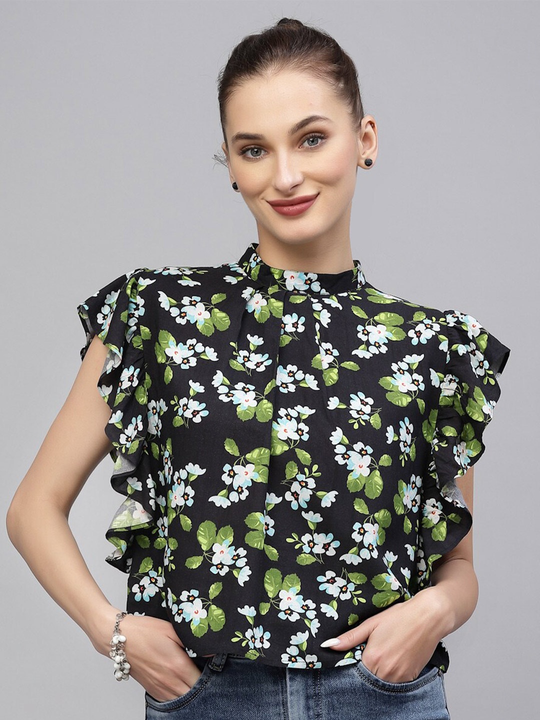 

VALBONE Floral Print Mandarin Collar Ruffles Crop Top, Black