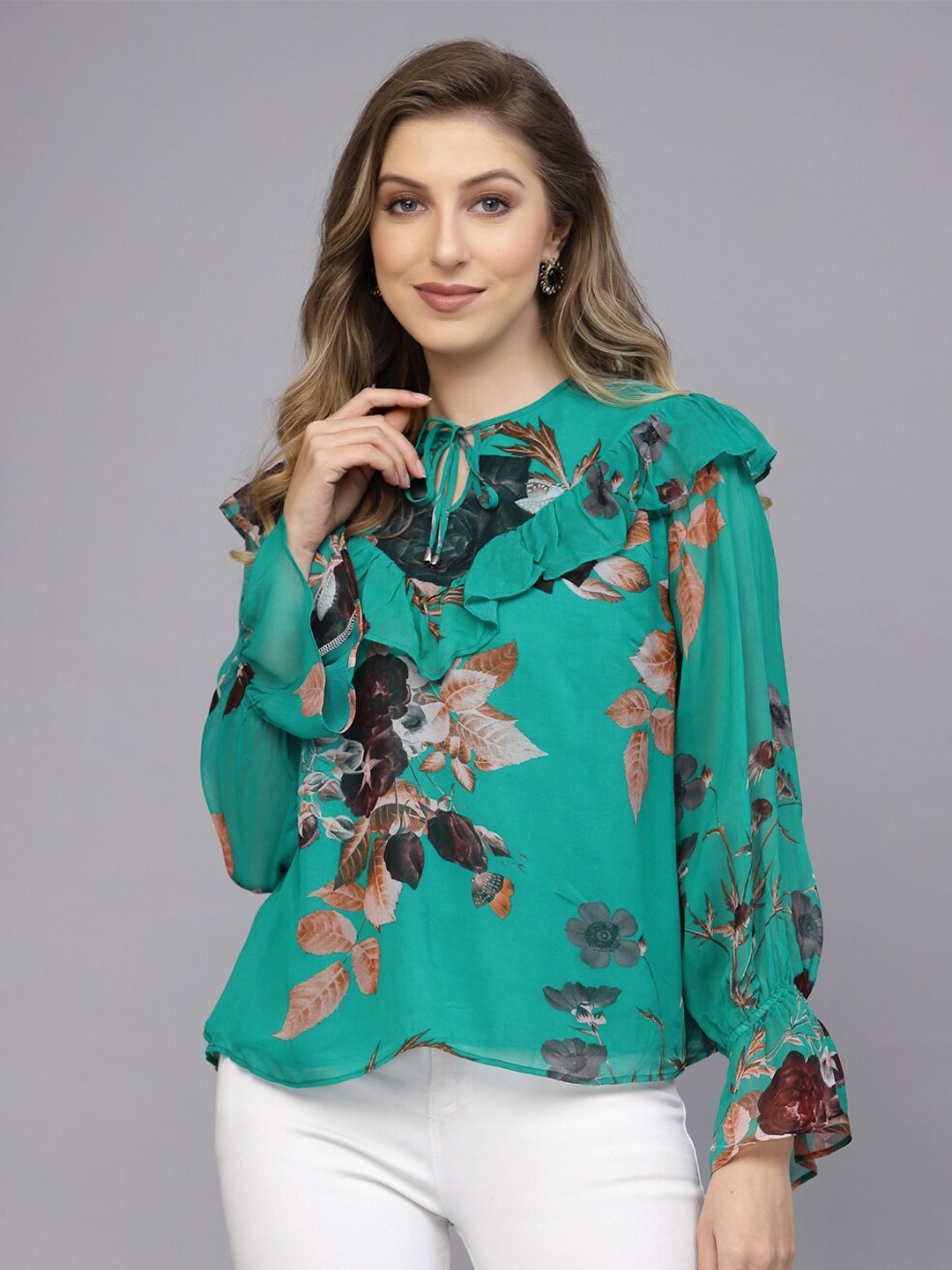 

VALBONE Floral Print Tie-Up Neck Ruffles Top, Green