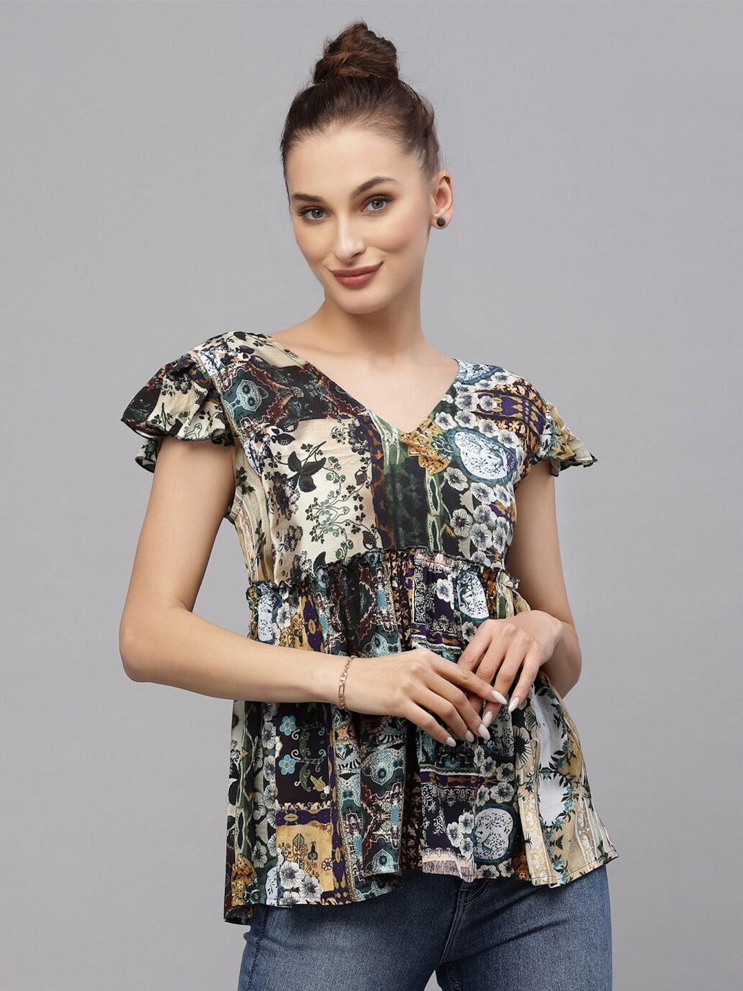 

VALBONE Abstract Printed Cap Sleeves Regular Top, Beige