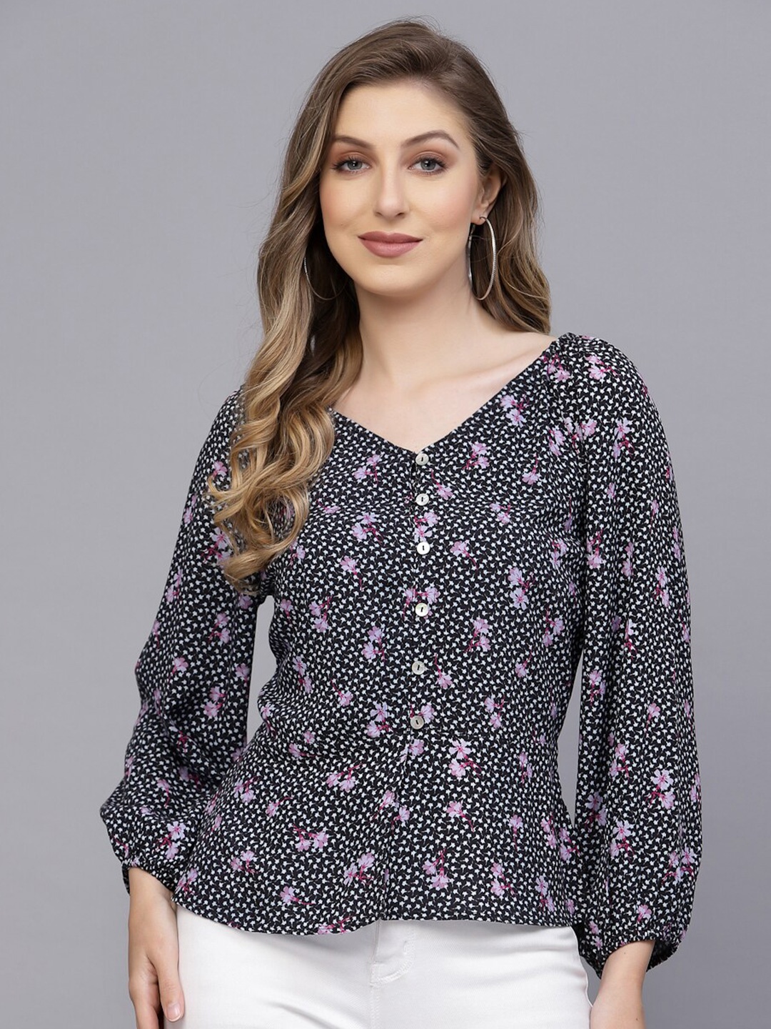 

VALBONE Floral Printed Shirt Style Top, Black