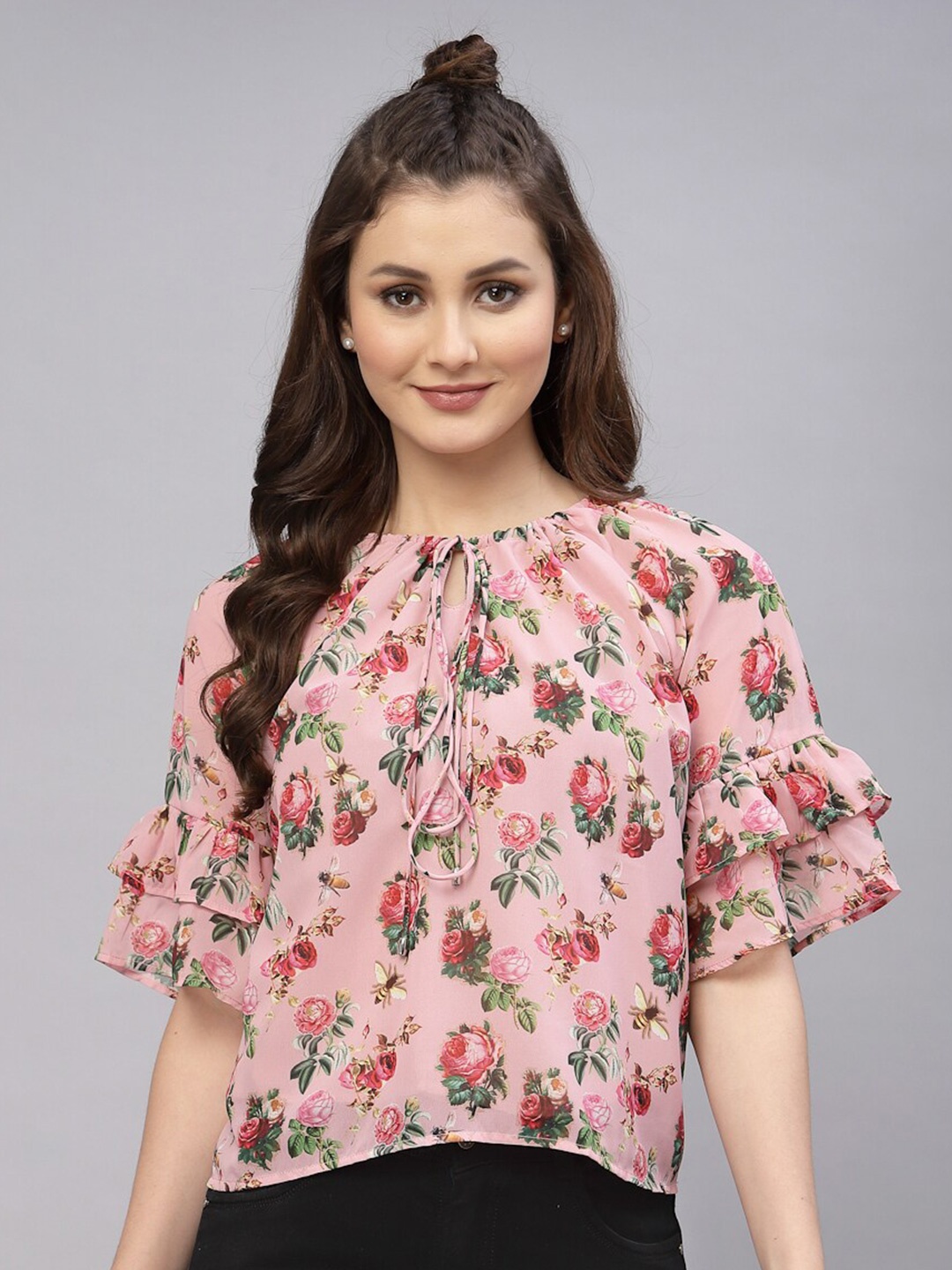 

VALBONE Floral Print Tie-Up Neck Bell Sleeve Top, Pink