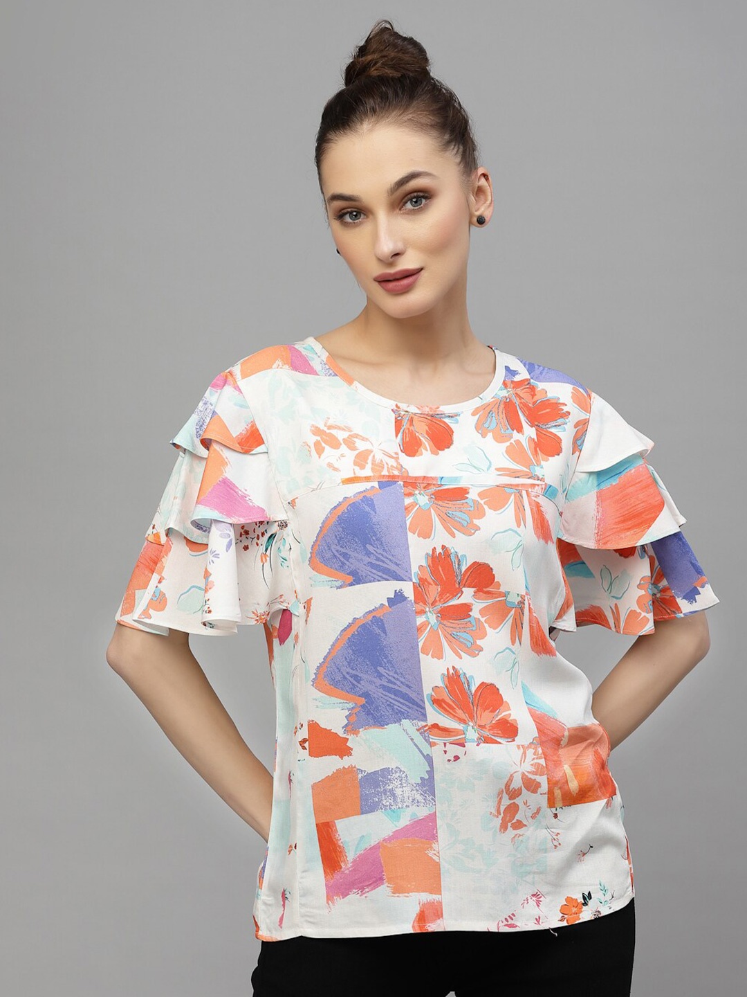 

VALBONE Floral Printed Ruffles Top, White