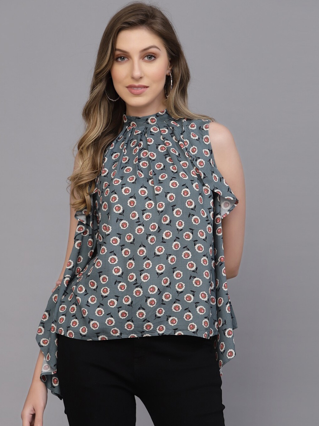 

VALBONE Floral Printed Mandarin Collar Ruffled Regular Top, Grey