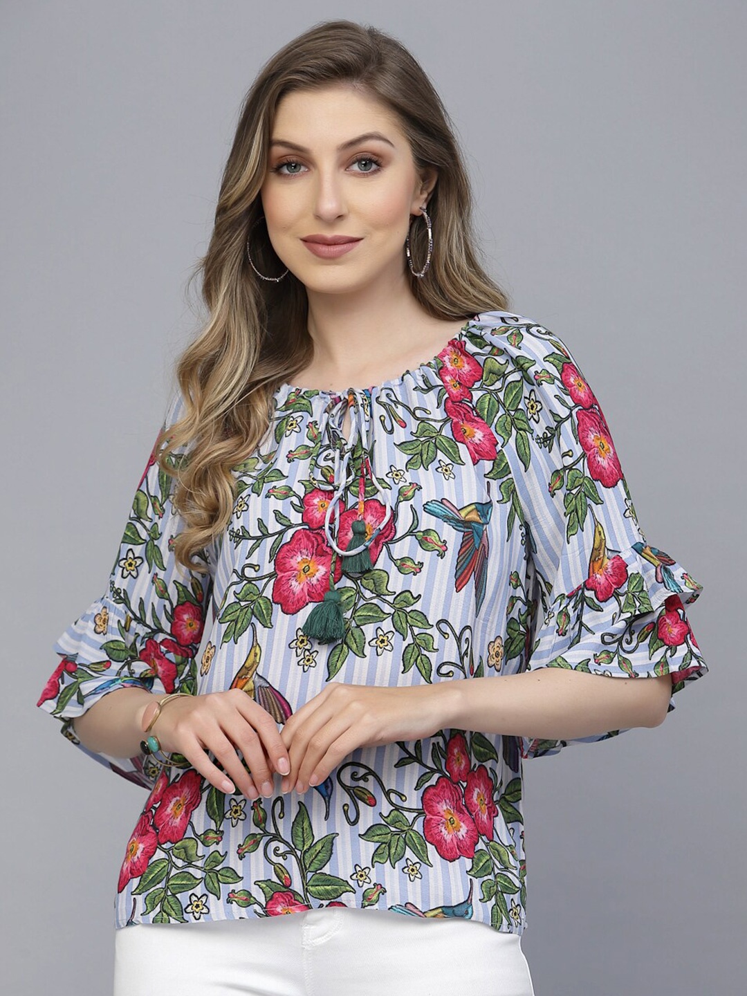 

VALBONE Floral Print Tie-Up Neck Bell Sleeve Top, White