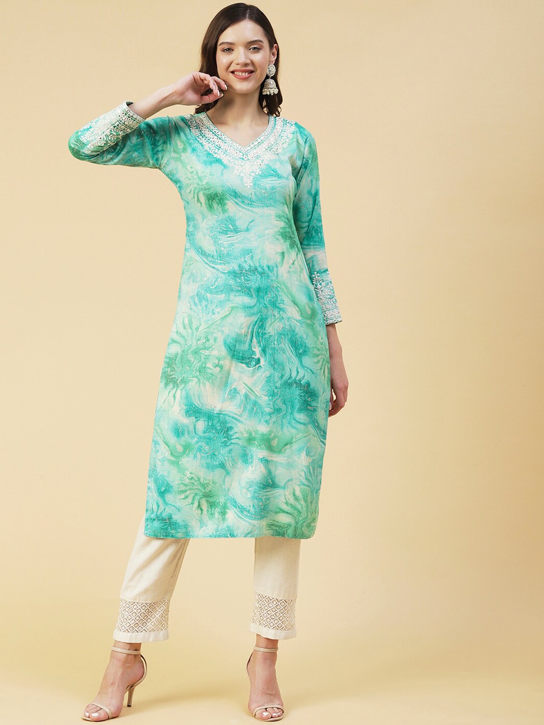 

FASHOR Women Printed Mirror Work Kurta, Green