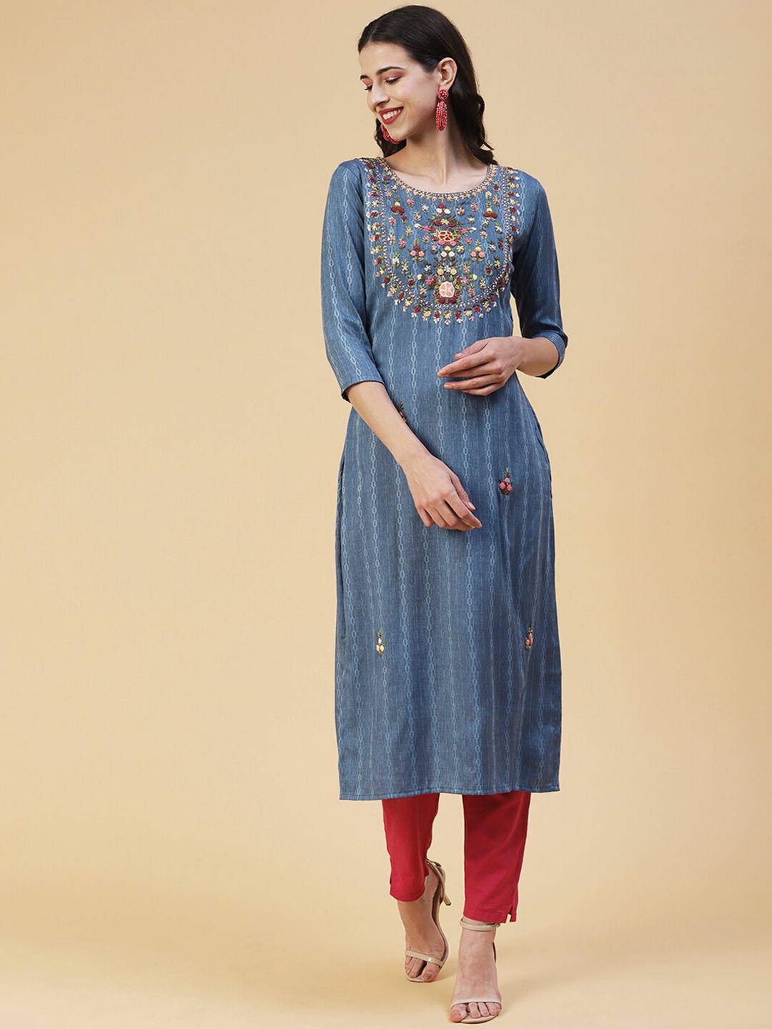 

FASHOR Geometric Woven Design Thread Work Kurta, Blue