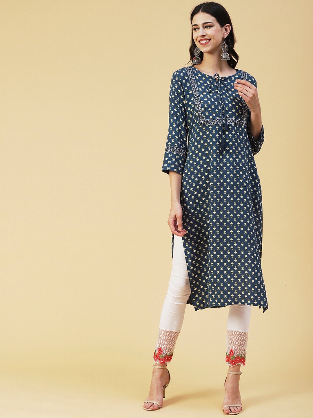 

FASHOR Floral Printed Mirror Work Tie Up Neck Straight Kurta, Blue
