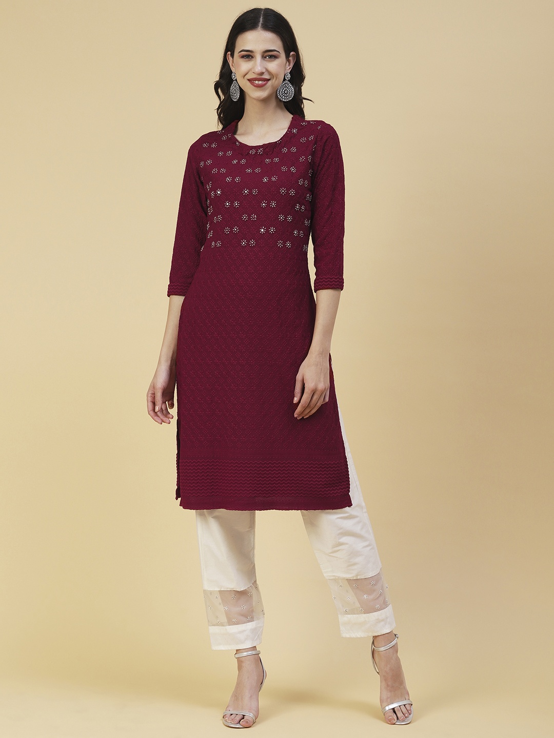 

FASHOR Women Yoke Design Indie Prints Kurta, Maroon