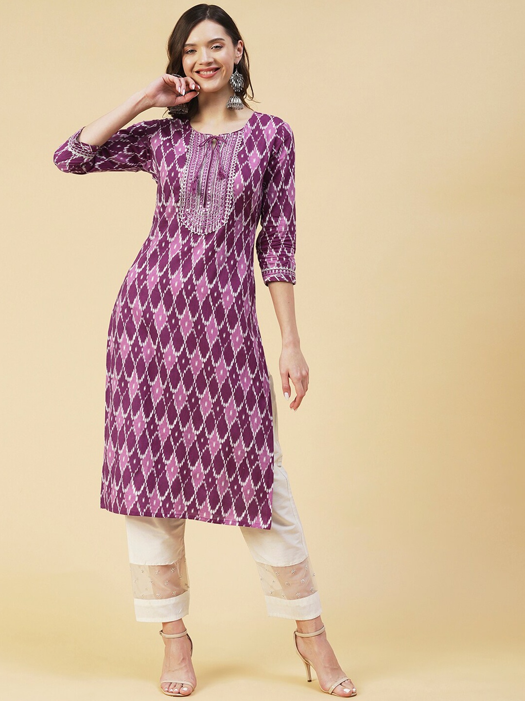 

FASHOR Women Printed Mirror Work Cotton Kurta, Mauve