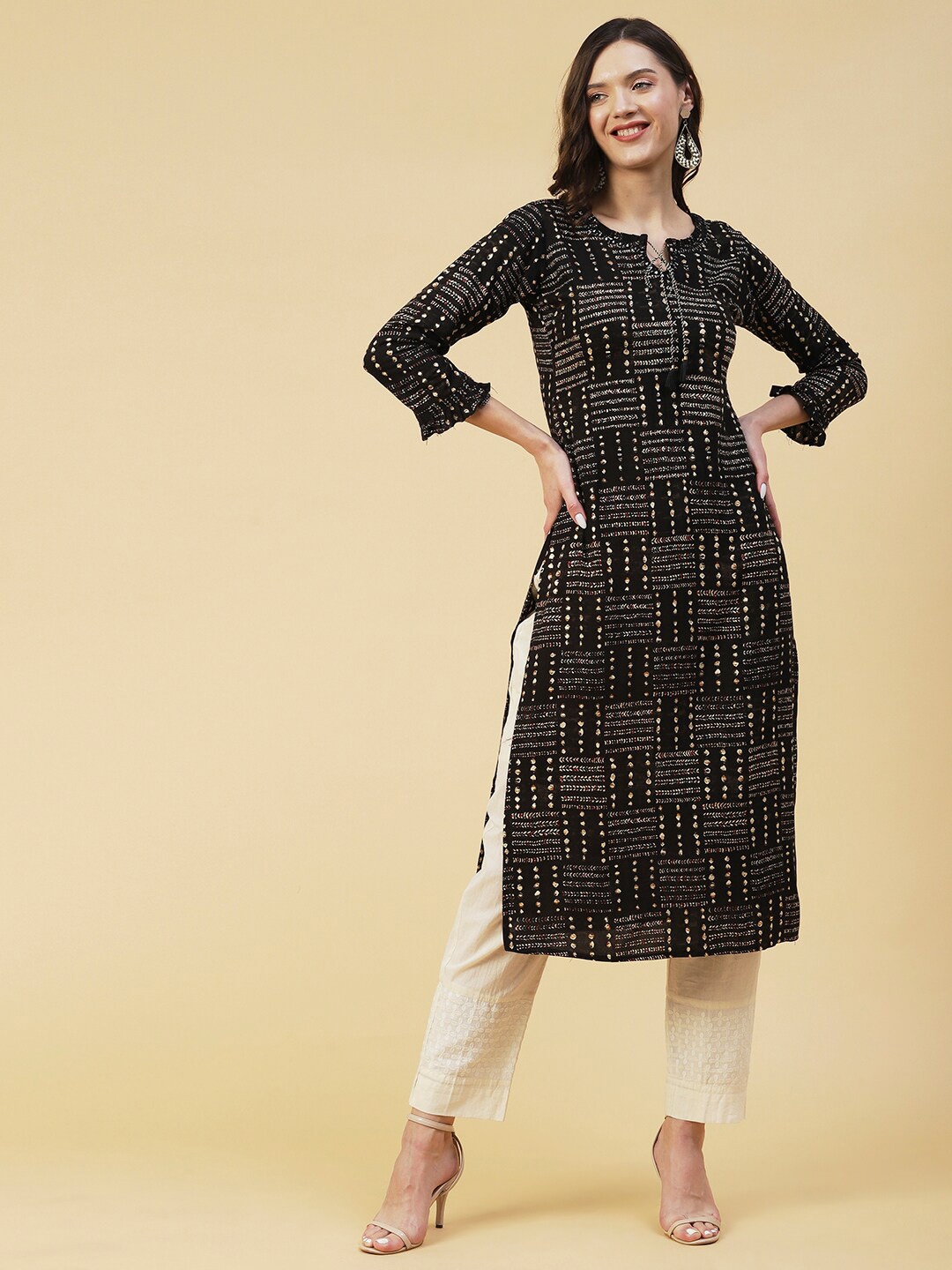 

FASHOR Geometric Printed Indie Prints Kurta, Black