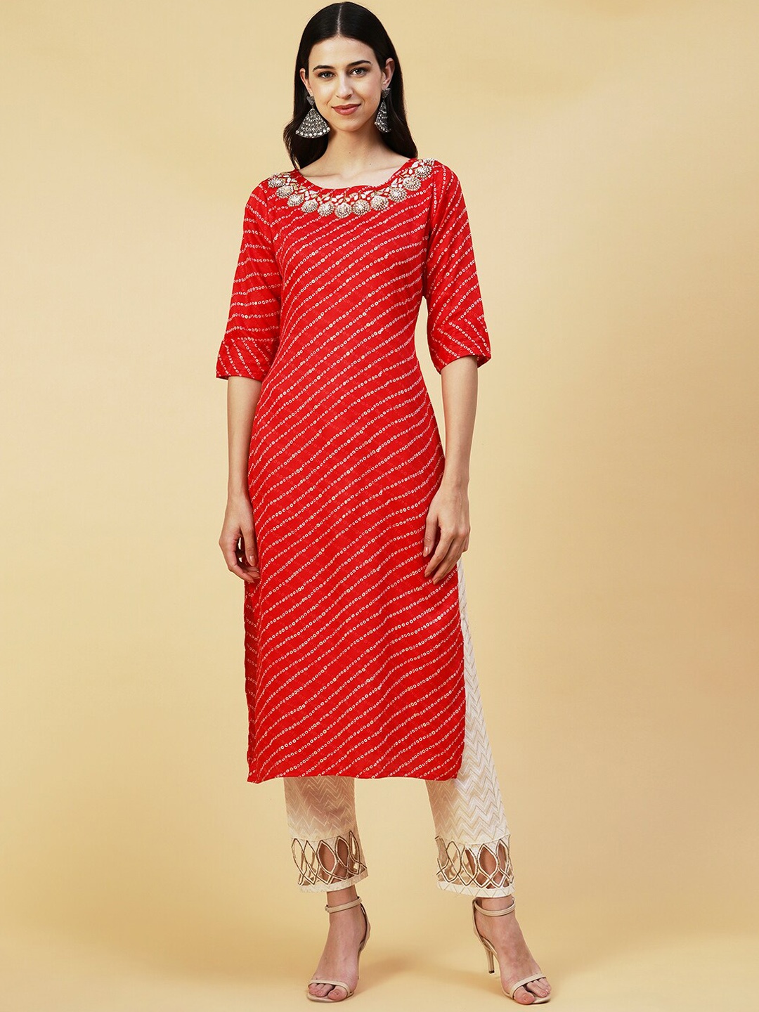 

FASHOR Women Bandhani Printed Keyhole Neck Indie Prints Kurta, Red