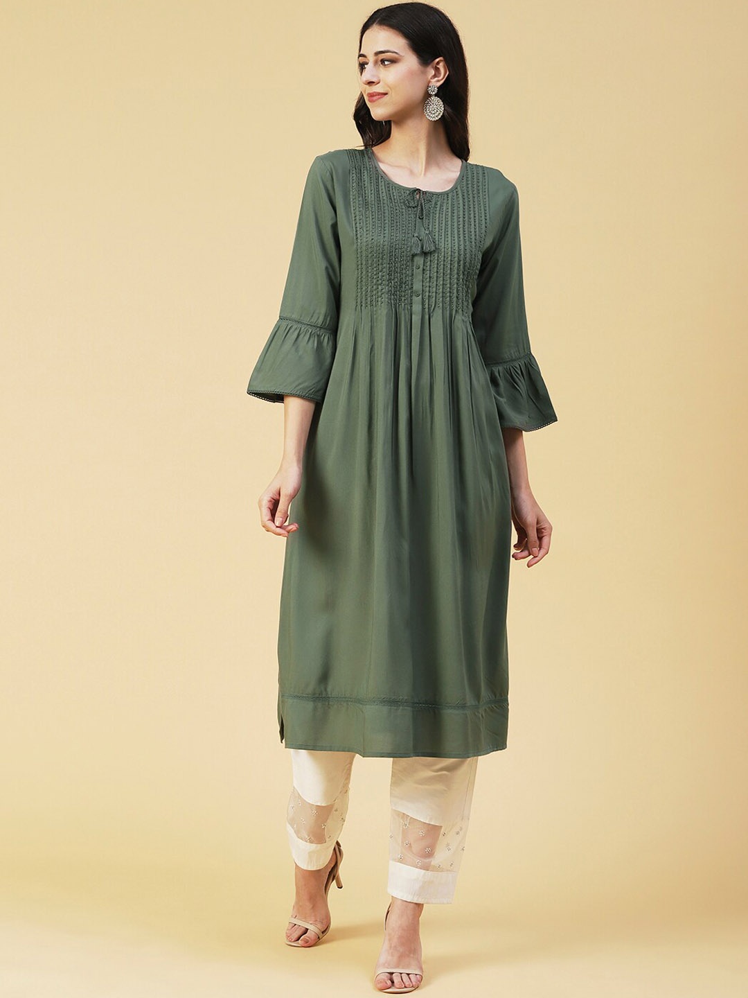 

FASHOR Women Keyhole Neck Bell Sleeves Kurta, Olive