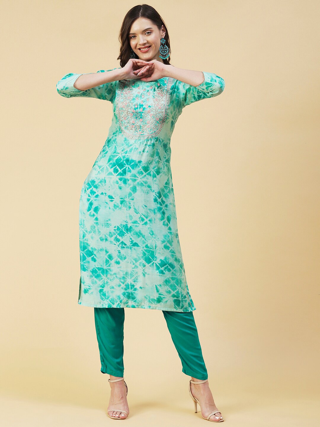 

FASHOR Printed Thread Work Kurta, Turquoise blue