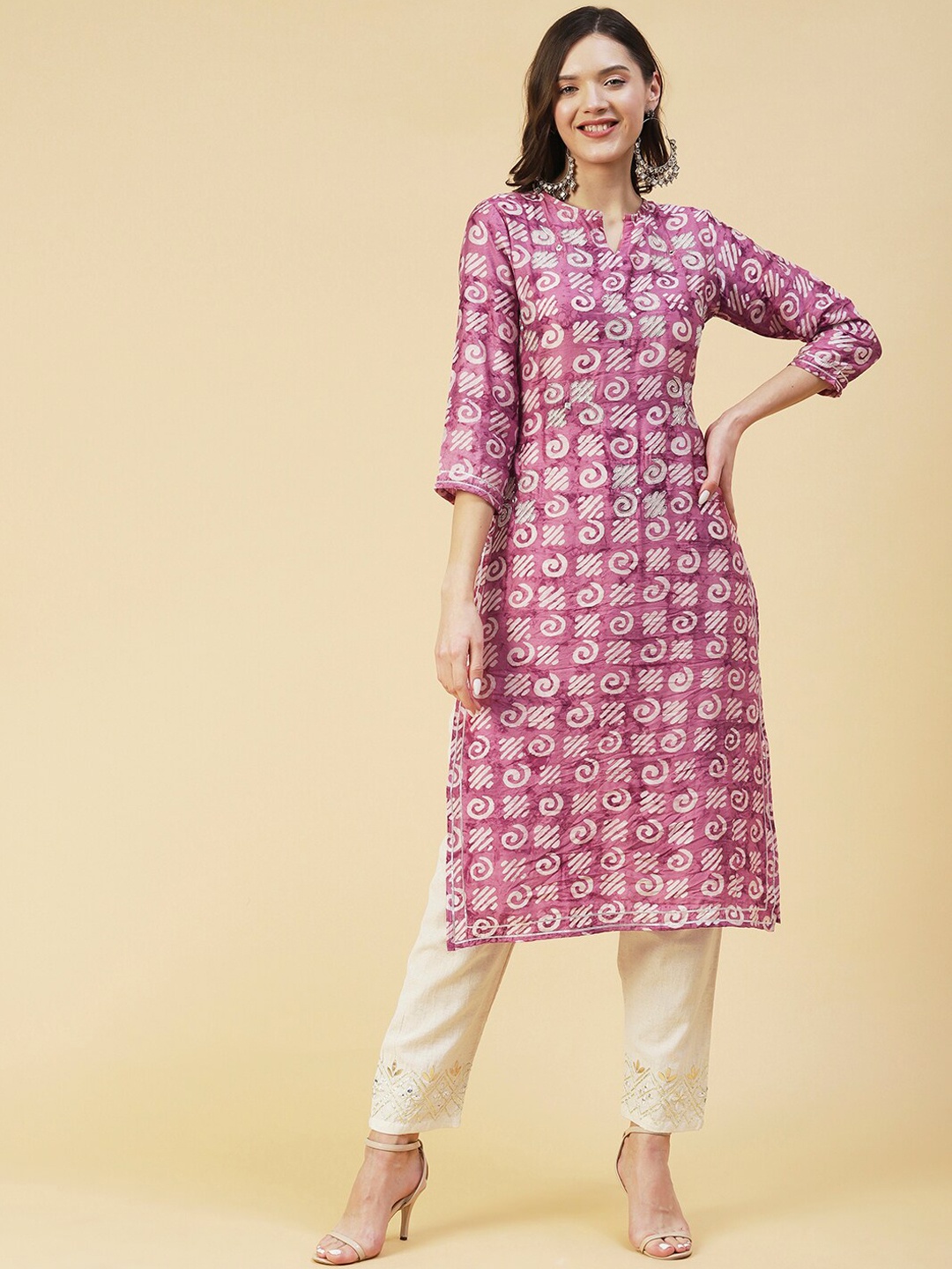 

FASHOR Women Dyed Block Print Kurta, Rose