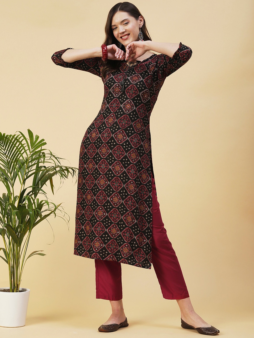 

FASHOR Ethnic Motifs Printed Cotton Kurta, Black