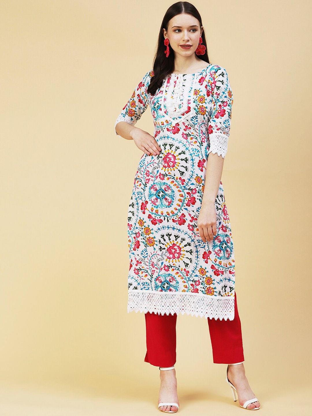 

FASHOR Women Floral Printed Cotton Kurta, White