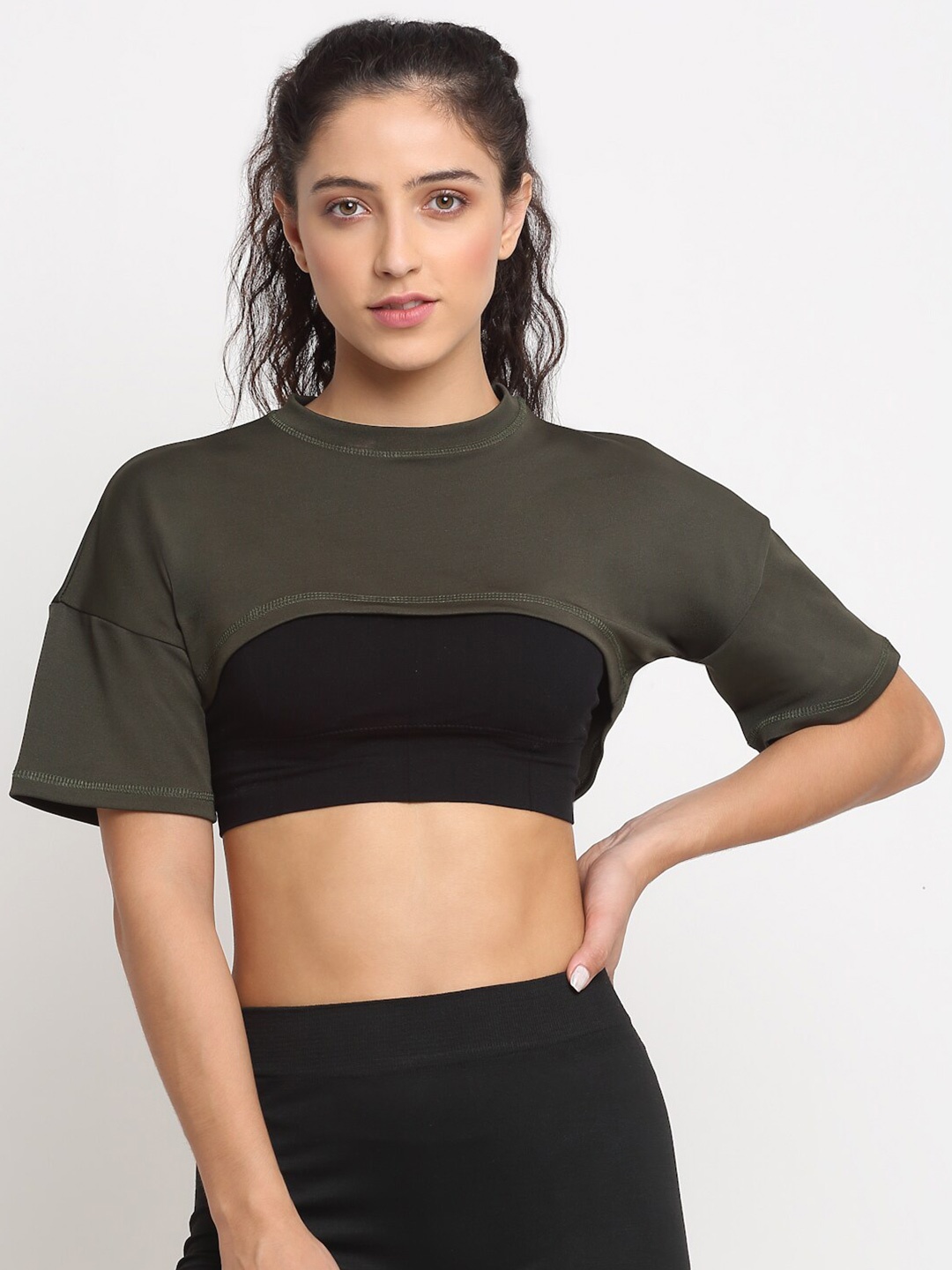

EVERDION Women Drop-Shoulder Gym Crop T-shirt, Olive
