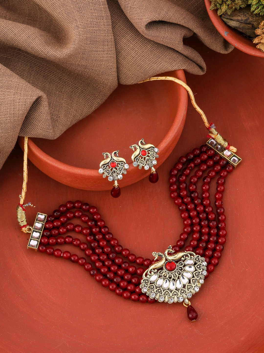 

Vita Bella Gold-Plated Kundan Studded & Beaded Meenakari Jewellery Set
