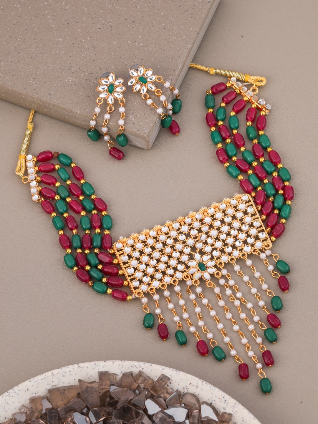 

Vita Bella Gold-Plated Kundan Studded & Beaded Meenakari Jewellery Set