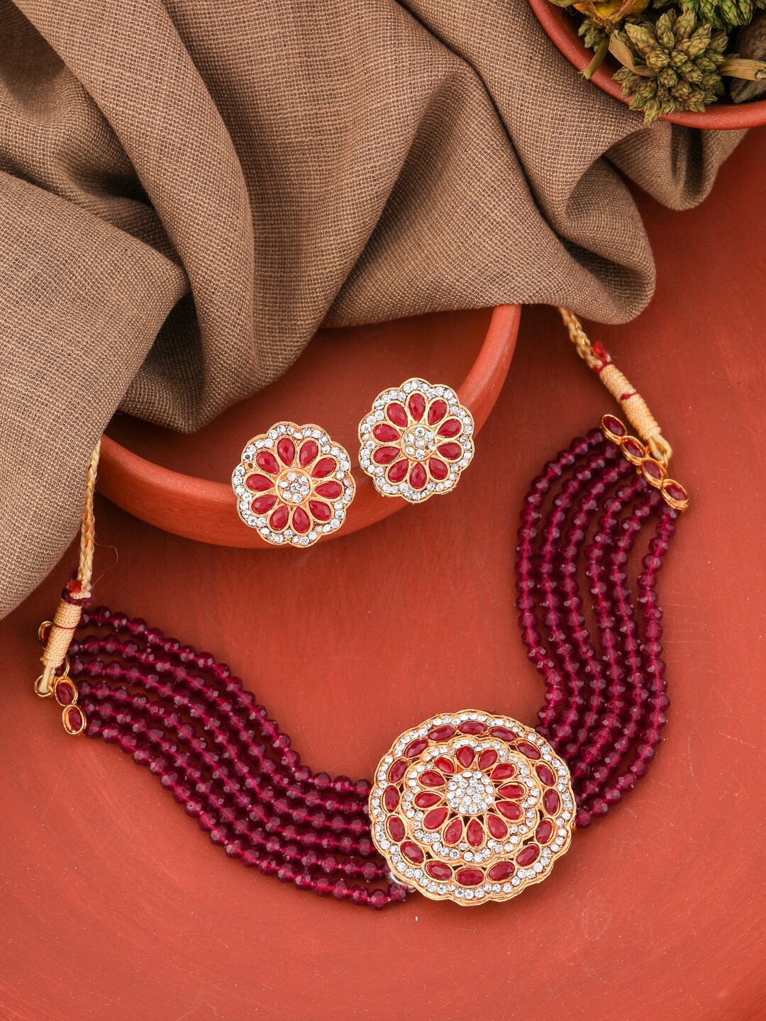 

Vita Bella Gold-Plated Kundan Studded & Beaded Jewellery Set, Red