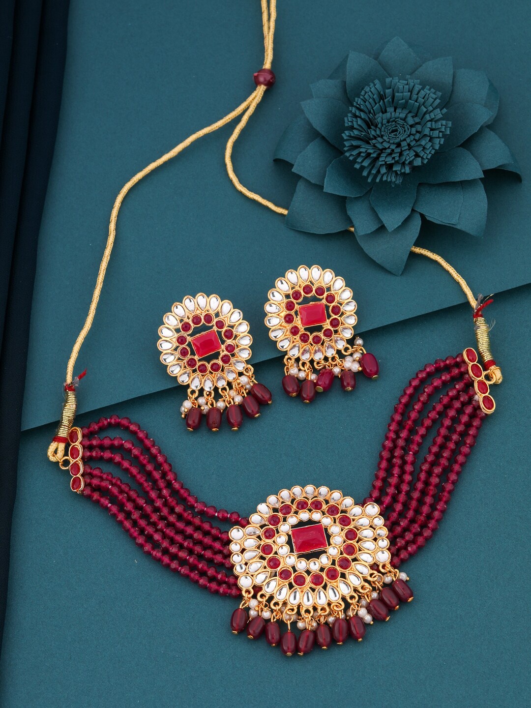 

Vita Bella Gold-Plated Kundan Studded & Beaded Jewellery Set, Red