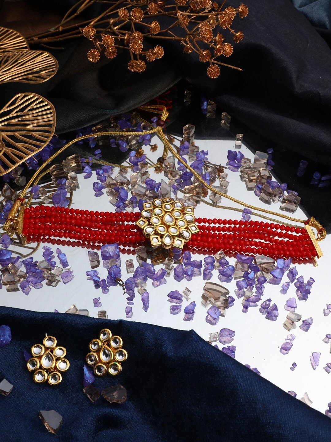 

Vita Bella Gold-Plated Stone Studded & Pearls Beaded Jewellery Set, Red