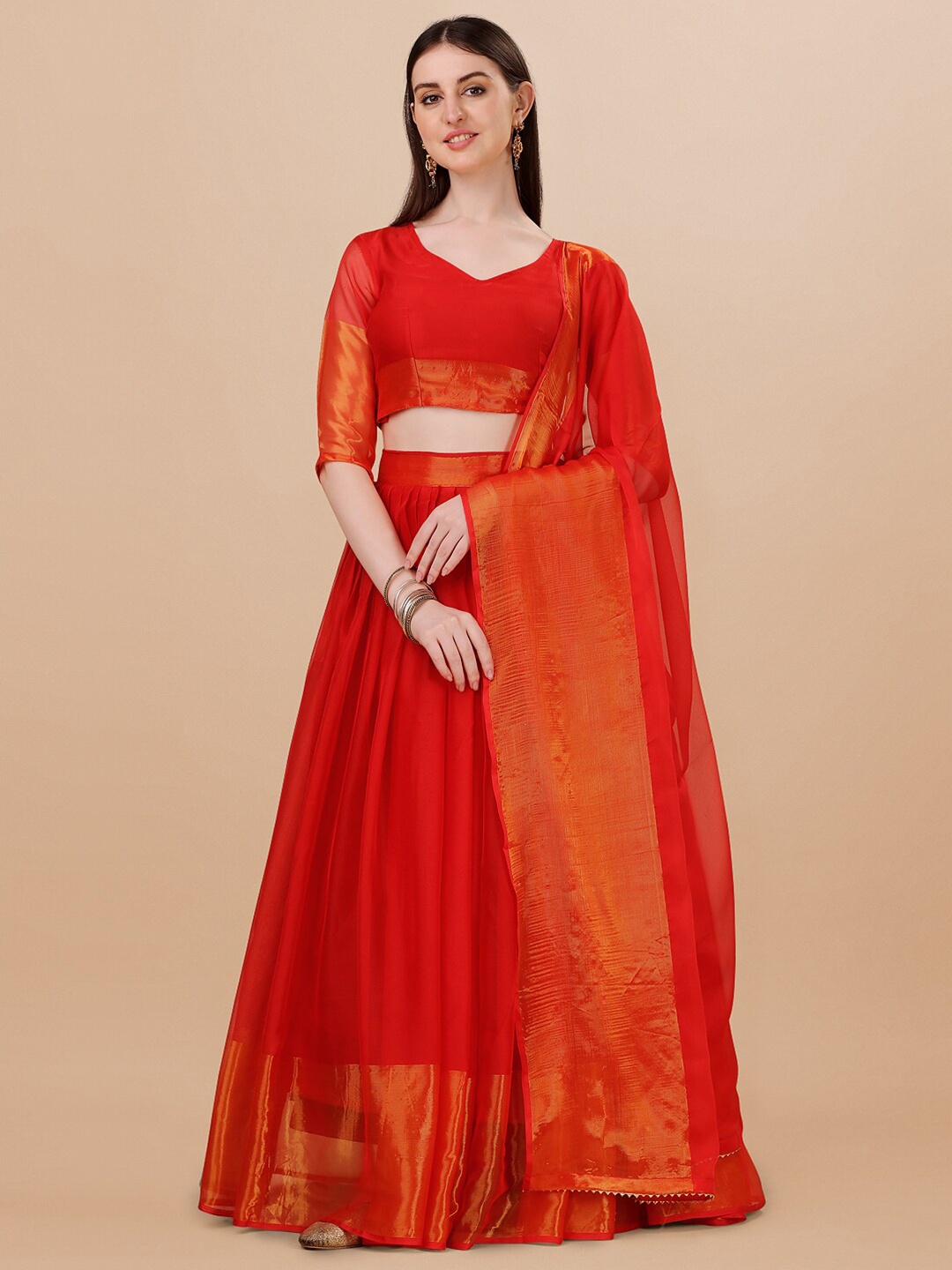 

PMD Fashion Semi-Stitched Lehenga & Unstitched Blouse With Dupatta, Red