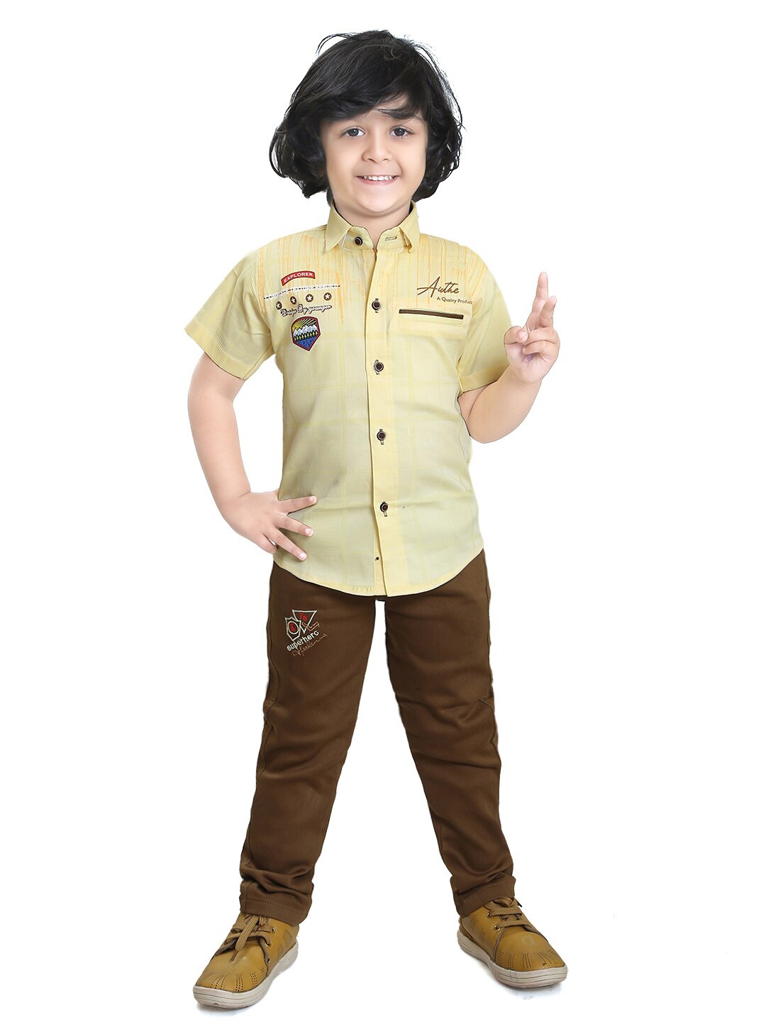 

TS TRENDS Boys Pure Cotton Printed Shirt with Trousers, Yellow