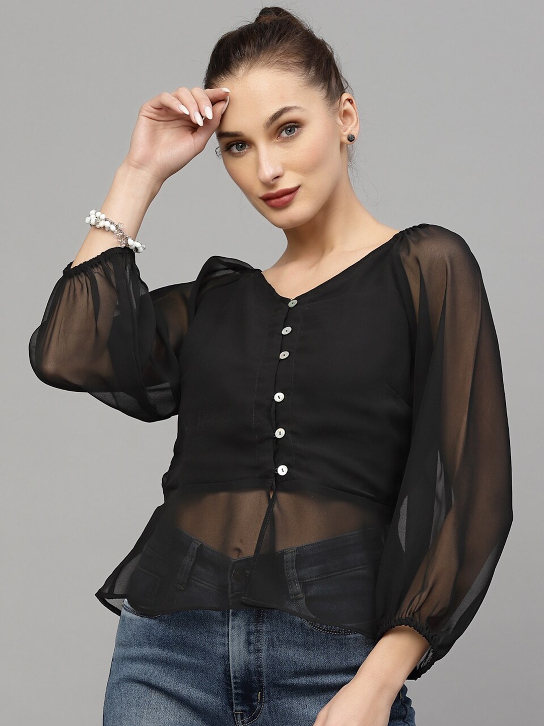 

VALBONE Georgette Shirt Style Top, Black