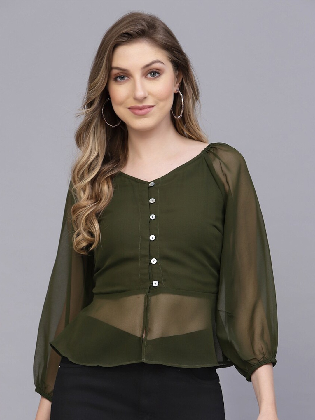 

VALBONE V-Neck Puff Sleeves Top, Green