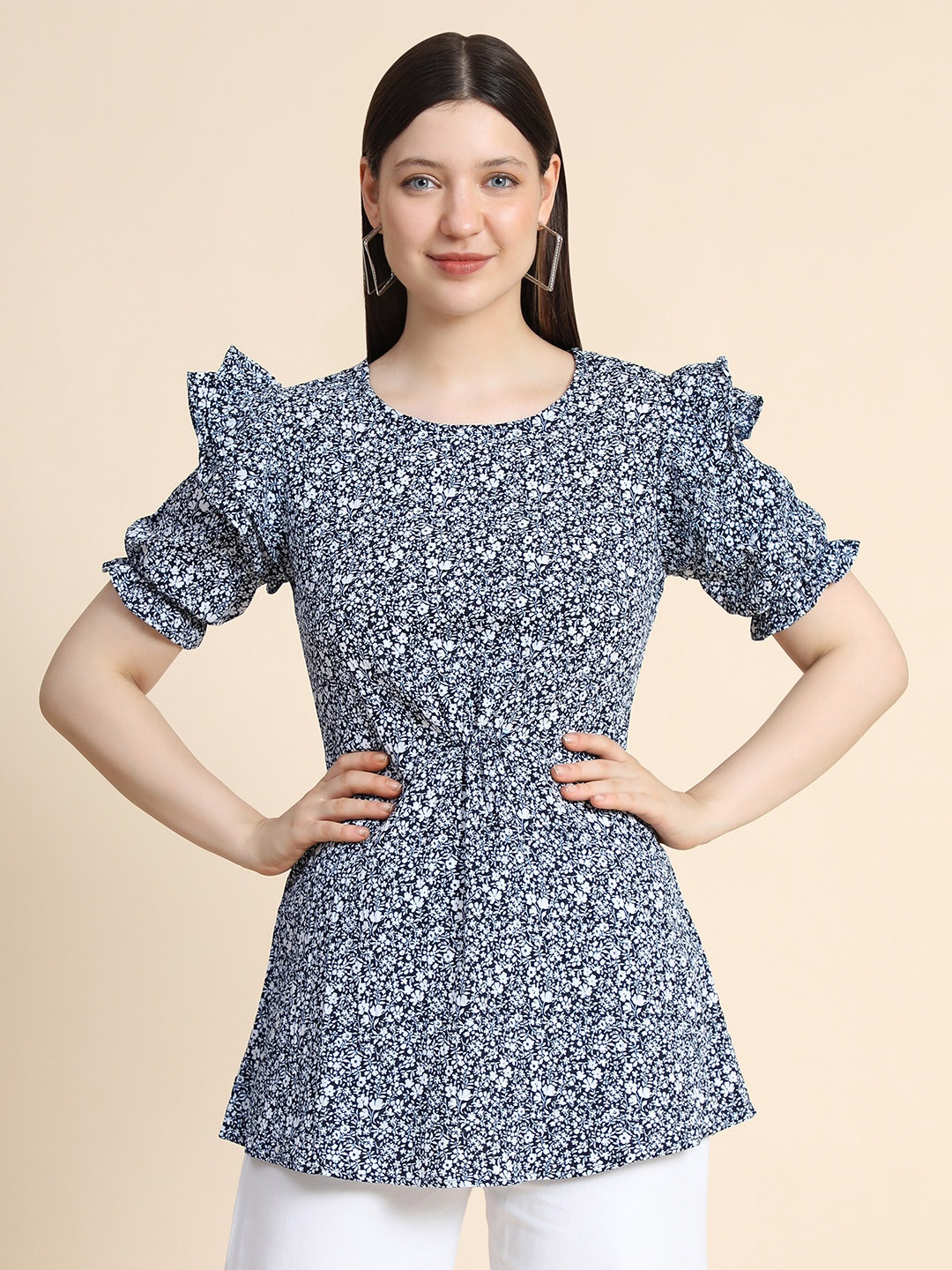 

KERI PERRY Women Floral Printed Puff Sleeves Regular Top, Navy blue
